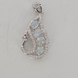 Sterling Silver White Fire Opal W Rhinestone Peacock Bird Fowl Pendant Necklace